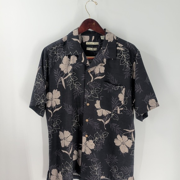 Batik Bay Short Sleeve Floral Silk Hawaiian Camp Button-Up Shirt Black Biege M - Picture 1 of 10